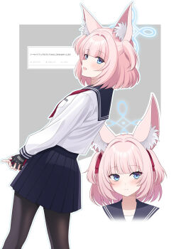 1girl alternate_hairstyle animal_ear_fluff animal_ears black_gloves black_pantyhose blue_archive blue_eyes blue_halo blue_sailor_collar blue_skirt blush closed_mouth commentary_request eko fingerless_gloves fox_ears fox_girl from_behind gloves hair_ribbon halo highres looking_at_viewer looking_to_the_side neckerchief niko_(blue_archive) open_mouth pantyhose pink_hair red_neckerchief red_ribbon ribbon sailor_collar school_uniform serafuku shirt short_hair skirt smile solo two_side_up white_shirt