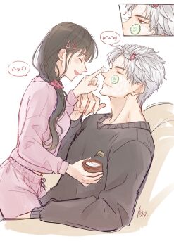 1boy 1girl black_sweater breasts brown_hair closed_eyes couple cucumber_on_face finger_to_another&#039;s_nose girl_on_top grey_hair hair_ornament hair_over_shoulder hairclip hetero highres holding holding_jar jar long_hair love_and_deepspace low-tied_long_hair medium_breasts open_mouth pants pink_pants pink_sweater protagonist_(love_and_deepspace) red_eyes short_hair sitting sitting_on_lap sitting_on_person skincare smile sweater sylus_(love_and_deepspace) yueying_vmai