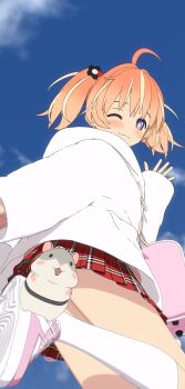 +_+ 1girl 3d ahoge artist_request blender_(medium) blonde_hair blue_sky blush bright_pupils cel_rendering closed_mouth cloud commentary_request convenient_censoring cowboy_shot day dot_nose foot_up from_behind from_below hamster hand_up highres hood hood_down hoodie kneehighs long_sleeves looking_at_viewer looking_back medium_hair multicolored_eyes multicolored_hair one_eye_closed orange_hair outdoors outstretched_arm pink_eyes pink_shoes purple_eyes rinne_(rinrinne) rinrinne shoes sky sleeves_past_wrists smile sneakers socks solo split_mouth standing standing_on_one_leg streaked_hair two_side_up virtual_youtuber white_hoodie white_pupils white_socks wide_sleeves