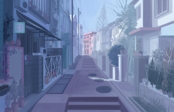 bare_tree building commentary_request day fence highres house kyuui no_humans original outdoors power_lines scenery stairs tree urban utility_pole