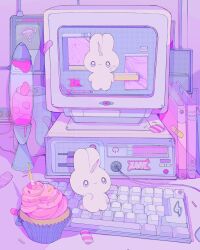 Rule 34 | book, can, computer, crt, cupcake, drink can, food, highres, indoors, keyboard (computer), lava lamp, limited palette, marshmallow, monitor, no humans, object focus, original, pepparmint310, pink theme, shade, soda can, sprinkles, stuffed animal, stuffed rabbit, stuffed toy, unicorn horn, white fur, wire