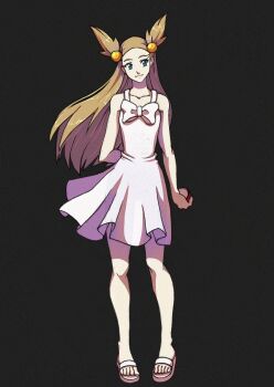 1girl arm_behind_back black_background brown_hair collared_shirt dress full_body hair_bobbles hair_ornament hartesa highres holding holding_poke_ball jasmine_(pokemon) nintendo poke_ball poke_ball_(basic) pokemon pokemon_gsc sandals shirt sleeveless sleeveless_dress solo standing sundress