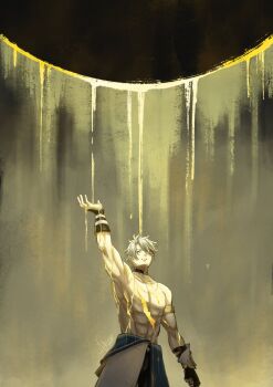 1boy abs absurdres armlet black_hole blood blood_on_body blue_hair body_markings choker gloves gold_armlet hands_up highres honkai:_star_rail honkai_(series) jewelry liquid muscular muscular_male phainon_(honkai:_star_rail) short_hair solo sun_symbol sun_tattoo tan tattoo topless_male yeorelz_15