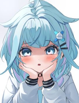 1girl ahoge blue_eyes blue_hair blue_shirt blunt_bangs blush braid choker commentary_request empty_eyes fangs hair_flaps hair_ornament hairclip hands_on_own_cheeks hands_on_own_face highres hololive hololive_dev_is jacket long_sleeves looking_at_viewer low_twin_braids mizumiya_su mizumiya_su_(1st_costume) multicolored_hair o-ring o-ring_choker open_mouth pink_streaks shaded_face shirt simple_background solo straight-on streaked_hair tatsu_(tattti2022) twin_braids two-tone_hair upper_body virtual_youtuber white_background white_jacket x_hair_ornament