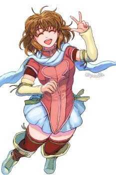 1girl :d breasts closed_eyes commentary_request detached_sleeves fire_emblem fire_emblem:_path_of_radiance hair_tubes happy highres liu_(naiqin) medium_breasts mist_(fire_emblem) nintendo official_alternate_costume open_mouth simple_background skirt smile solo teeth twitter_username upper_teeth_only w white_background