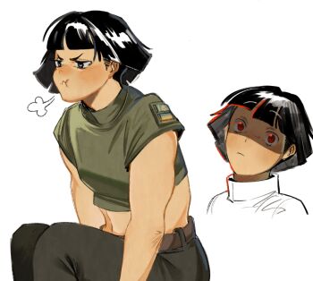 1girl ailin_(yurseinhower) annoyed belt black_hair black_pants blunt_bangs commission crop_top glaring glowing glowing_eyes green_shirt high_collar hufflepuff kazakh_flag kazakhstan looking_at_viewer midriff multiple_expressions muscular muscular_female original pants pout red_eyes russo-ukrainian_war shirt short_hair simple_background solo ukrainian_flag usergore white_background