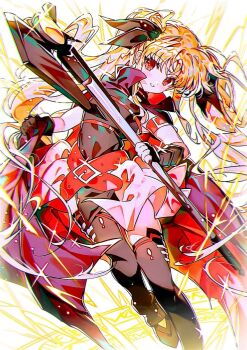 1girl ankle_boots arm_belt bardiche_(assault_form)_(nanoha) bardiche_(nanoha) belt black_gloves black_thighhighs blonde_hair boots cape commentary_request fate_testarossa fingerless_gloves floating_cape floating_hair foot_out_of_frame gloves hair_between_eyes halberd highres hn_sit holding holding_polearm holding_weapon long_hair looking_at_viewer lyrical_nanoha magic_circle magical_girl mahou_shoujo_lyrical_nanoha mahou_shoujo_lyrical_nanoha_a's on_magic_circle parted_lips polearm red_belt red_cape red_eyes skirt sleeveless smile solo standing standing_on_magic_circle thighhighs too_many too_many_belts twintails weapon wispy_bangs