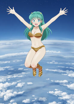 1girl absurdres animal_print bikini blue_eyes cone_horns earth_(planet) full_body green_hair highres horns jumping looking_at_viewer lum outstretched_arms planet print_bikini print_boots small_horns smile solo strapless strapless_bikini striped_horns swimsuit takinomori_momiji tiger_print urusei_yatsura yellow_bikini yellow_horns