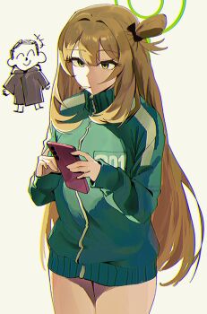 Rule 34 | 1boy, 1girl, alternate costume, black bow, blonde hair, blue archive, bow, brown jacket, cellphone, doodle sensei (blue archive), green eyes, green jacket, green track suit, hair between eyes, hair bow, hair bun, highres, holding, holding phone, jacket, long hair, no pants, nonomi (blue archive), phone, sensei (blue archive), sidelocks, single side bun, smartphone, squid game, track jacket, track suit, unlit cigarette in mouth, yongkak
