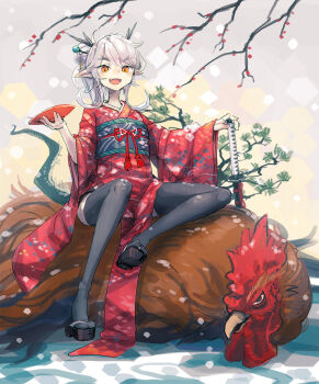 1girl :d bee_(deadflow) bird black_thighhighs chicken concon-collector cup dragon_girl dragon_horns dragon_tail fang female_focus horns japanese_clothes kimono kuryuu_kohaku long_hair new_year open_mouth pointy_ears sakazuki sandals smile solo tail thighhighs yellow_eyes