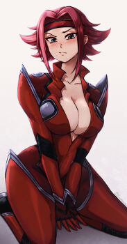1girl absurdres blue_eyes blush bodysuit breasts cleavage closed_mouth code_geass collarbone headband highres kouzuki_kallen large_breasts looking_at_viewer parted_bangs red_bodysuit red_hair seiza short_hair sitting solo the_scarlet_devil