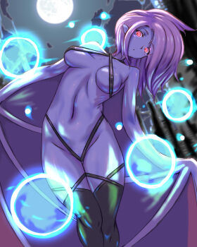 1girl bikini black_bikini black_thighhighs blue_light blue_skin breasts castlevania:_circle_of_the_moon castlevania_(series) cloud cloudy_sky colored_skin commentary_request demon_wings highres kous_(onetwojustice) lilith_(castlevania) looking_at_viewer monster_girl moon navel night partial_commentary pink_hair pointy_ears red_eyes sky slingshot_swimsuit small_breasts solo swimsuit thighhighs winged_arms wings