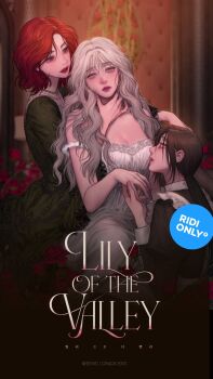 Rule 34 | 3girls, breasts, brown hair, cleavage, copyright name, dress, english text, flower, girl sandwich, green dress, head grab, highres, holding hands, korean text, maid, multiple girls, original, rangrarii, red flower, red hair, red rose, rose, sandwiched, white dress, white hair, yuri