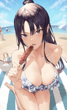 bag bare_shoulders barefoot beach bikini black_hair blue_eyes blurry blush breasts cleavage collarbone depth_of_field food highres hiiragi_yuuichi kneeling large_breasts long_hair looking_at_viewer ocean original outdoors parted_lips ponytail shoulder_bag solo_focus swimsuit thighs