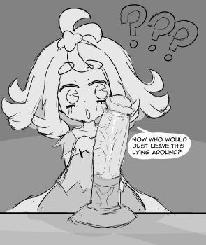 1girl acerola_(pokemon) calamity33 dildo english_text female_focus hair_ornament highres loli medium_hair monochrome nintendo pokemon pokemon_sm sex_toy sketch solo speech_bubble thick_eyebrows unfinished