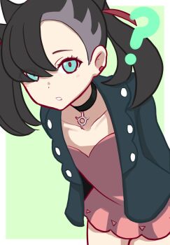 1girl ? asymmetrical_bangs black_choker black_hair black_jacket border choker collarbone commentary_request dress ear_piercing flat_chest green_background green_eyes hair_ribbon highres jacket leaning_forward looking_at_viewer marnie_(pokemon) nintendo onnnov2 parted_lips piercing pink_dress pokemon pokemon_swsh red_ribbon ribbon short_dress solo twintails undercut white_border