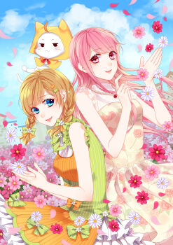 Rule 34 | 2girls, :3, absurdres, ahoge, animal, apple29556997, apron, back-to-back, bare arms, bare shoulders, bead necklace, beads, blue eyes, blue sky, bobo (miracle nikki), bow, bowtie, braid, brooch, brown eyes, brown hair, cat, cloak, closed mouth, clothed animal, cloud, commentary request, cowboy shot, daisy (flower), day, ear covers, eyelashes, field, floating clothes, floating hair, floral print, flower, flower brooch, flower field, flower necklace, frilled shirt, frilled skirt, frilled vest, frills, green bow, green bowtie, green vest, hair bow, hair flower, hair ornament, hair over shoulder, hairclip, happy, highres, holding, holding flower, hood, hood up, hooded cloak, jewelry, light blush, long hair, looking at viewer, lower teeth only, miniskirt, miracle nikki, momo (nikki), multiple girls, necklace, nikki (nikki), nikki (series), open mouth, orange apron, outdoors, parallel hairclips, petals, pink eyes, pink flower, pink hair, pinstripe pattern, pinstripe vest, pleated skirt, print shirt, print skirt, red flower, red rose, rose, rose print, shirt, skirt, skirt set, sky, sleeveless, sleeveless shirt, smile, striped bow, striped bowtie, striped clothes, teeth, turtleneck, turtleneck shirt, twin braids, vest, whiskers, white cat, white flower, white shirt, white skirt, wind, yellow cloak