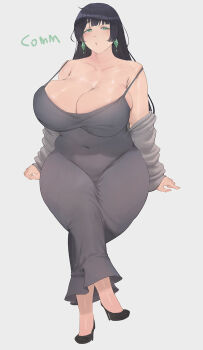 1girl black_hair black_shoes breasts cleavage commission covered_navel crossed_legs dress earrings eyebrows_hidden_by_hair fat full_body green_eyes grey_background grey_dress highres huge_breasts jewelry long_hair looking_at_viewer mmmmmkun mole mole_under_eye open_mouth original shoes simple_background sitting solo