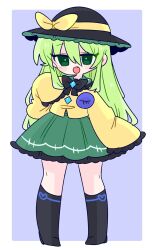 Rule 34 | 1girl, alternate hair length, alternate hairstyle, black footwear, black hat, blush, boots, buttons, chibi, collared shirt, commentary request, diamond button, fang, frilled shirt collar, frilled sleeves, frills, full body, green eyes, green hair, hair between eyes, hat, hat ribbon, highres, knee boots, komeiji koishi, long hair, looking at viewer, op na yarou, open mouth, ribbon, shirt, sleeves past fingers, sleeves past wrists, solo, third eye, touhou, wide sleeves, yellow ribbon, yellow shirt