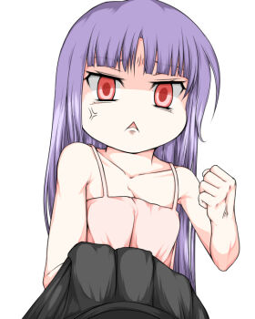 Rule 34 | 1girl, anger vein, blunt bangs, breasts, cleavage, clenched hand, clothes grab, commentary request, dress, haty, long hair, looking at viewer, marionette (ragnarok online), open mouth, pink dress, purple hair, ragnarok online, red eyes, shaded face, simple background, sleeveless, sleeveless dress, small breasts, solo, spaghetti strap, triangle mouth, upper body, white background