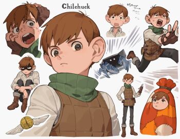 1boy boots brown_eyes brown_footwear brown_gloves brown_hair brown_vest character_name closed_mouth collared_shirt costume crab dungeon_meshi dwarf gloves grey_shirt large_ears long_sleeves looking_at_viewer male_focus motion_lines multiple_views open_mouth running scared shaded_face shirt sitting sweatdrop vest zoo_(oukakumaku)
