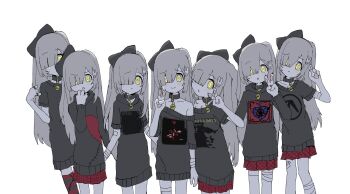 6+girls @_@ \n/ absurdres animal_collar animal_ears animal_hands aphex_twin bad_id bad_twitter_id band_shirt bandaged_arm bandaged_leg bandages behind_another black_bow black_hoodie black_sweater body_fur bow closed_mouth collar crying crying_with_eyes_open feet_out_of_frame furrowed_brow furry furry_female grey_hair hair_bow hair_over_one_eye hand_to_own_mouth head_tilt highres hood hood_down hoodie indie_virtual_youtuber lineup long_hair looking_at_viewer lop_rabbit_ears merchandise multiple_girls multiple_persona off_shoulder oyasu_miyo patchwork_clothes pawpads plaid_clothes plaid_skirt pleated_skirt rabbit_ears red_skirt simple_background single_bare_shoulder skirt standing stitched_chest sweater tears v virtual_youtuber vreparty white_background white_fur yellow_eyes