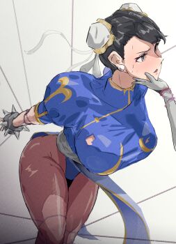 2girls a.k.i._(street_fighter) absurdres black_hair blue_dress bound bracelet breasts brown_pantyhose bumaden capcom china_dress chinese_clothes chun-li commentary_request defeat double_bun dress earrings hair_bun highres jewelry large_breasts looking_ahead multiple_girls pantyhose restrained spiked_bracelet spikes street_fighter street_fighter_6 torn_clothes yuri