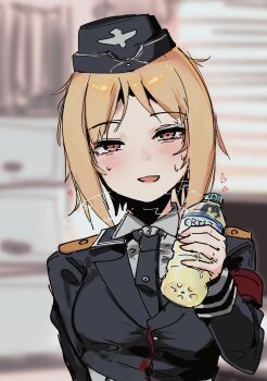 1girl akitaka_takaaki blonde_hair blush girls&#039;_frontline highres looking_at_viewer medium_hair military_uniform mp40_(girls&#039;_frontline) open_mouth pee red_eyes