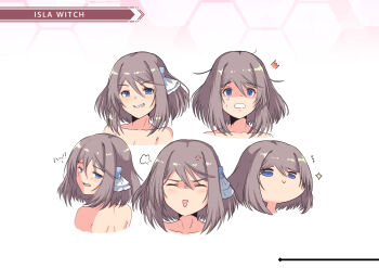 1girl anger_vein bare_shoulders blue_eyes blush cat_with_a_brush character_name collarbone commentary_request english_text grey_hair grin hair_between_eyes hair_ornament honeycomb_(pattern) honeycomb_background isla_(cophocoa) looking_at_viewer looking_back medium_hair multiple_views original reference_sheet shell shell_hair_ornament sidelocks smile sparkle stray_hair surprised tongue tongue_out veil