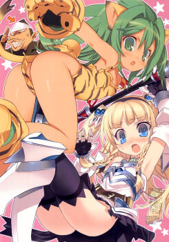 10s 2girls absurdres animal_ears animal_hands animal_print armor armored_dress armpits ass belt black_legwear blade_(galaxist) blonde_hair blue_eyes blush braid breastplate cat_ears cat_tail cham_cham clothes_theft dress eilin_(queen's_blade) elbow_gloves gauntlets gloves greaves green_eyes green_hair grin hair_ornament hairband hammer highres jewelry long_hair monkey multiple_girls no_panties object_on_head open_mouth paku_paku panties panties_on_head paw_gloves pink_background queen's_blade queen's_blade_rebellion queen's_gate samurai_spirits simple_background skirt smile snk sphere_hair_ornament tail theft thighhighs tiger_ears tiger_print tiger_tail twin_braids twintails underwear underwear_theft weapon white_panties