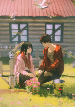 1boy 1girl absurdres axe bird black_hair black_pants boots brown_hair bucket cabin eren_yeager facial_scar firewood flower garden gardening hair_between_eyes highres jacket long_hair looking_at_another mikasa_ackerman niku_(ni23ku) outdoors pants parted_lips pink_flower pink_jacket planted planted_axe ponytail red_jacket red_scarf scar scar_on_cheek scar_on_face scarf shingeki_no_kyojin short_hair squatting