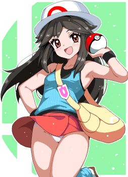 Rule 34 | 1girl, :d, bag, blue leg warmers, blue shirt, blush, brown eyes, brown hair, commentary request, eyelashes, green background, hand up, holding, holding poke ball, leaf (pokemon), leg warmers, long hair, nintendo, open mouth, panties, poke ball, poke ball (basic), pokemon, pokemon frlg, red skirt, shirt, shoes, shoulder bag, sidelocks, skirt, sleeveless, sleeveless shirt, smile, solo, tily (kvwz3822), underwear, vs seeker, white panties, white shoes, wristband, yellow bag