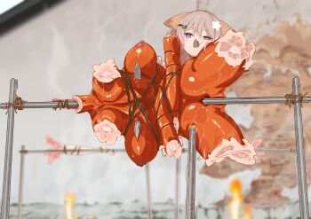 1girl animal_ears annytf blurry breasts cannibalism corpse death dismemberment female_focus guro impaled indie_virtual_youtuber john0819 large_breasts literal_spitroast meat_juice purple_eyes severed_arm severed_head severed_leg severed_limb shiny_skin solo spitroast_(object) tongue wet