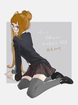 1girl absurdres black_jacket black_shoes border brown_hair commentary_request full_body glasses grey_thighhighs hair_bun highres jacket mibei persona persona_5 persona_5_the_royal plaid_clothes plaid_skirt purple_eyes sakura_futaba school_uniform shoes shuujin_academy_school_uniform sitting skirt solo thighhighs white_border yokozuwari zettai_ryouiki