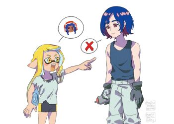 1boy 1girl ariamikukanzaki black_gloves black_tank_top blonde_hair blue_hair braid commentary crossover eyebrow_cut gloves gundam gundam_gquuuuuux hirooooo_(splatoon) holding holding_spray_can inkling light_frown nintendo open_mouth pointing pointy_ears red_eyes shirt short_shorts shorts shuji_ito side_braid signature splatoon_(series) splatoon_3 spoken_character spray_can t-shirt tank_top tentacle_hair torn_clothes torn_shirt veronika_(splatoon) white_shirt yellow_eyes