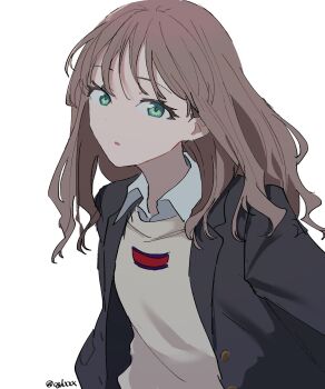 1girl blazer breasts brown_hair green_eyes gridman_universe highres himagosan jacket long_hair long_sleeves looking_at_viewer minami_yume open_mouth school_uniform shirt simple_background solo ssss.dynazenon upper_body