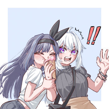 Rule 34 | !, !!, 2girls, ^^^, absurdres, ahoge, alternate costume, bag, bangle, black bag, black hair, black hairband, black ribbon, black sweater, blue background, blue hair, blush, border, bracelet, breasts, bright pupils, brown skirt, chobeog, closed eyes, commentary, denim, eating, food, grabbing another's arm, grey hair, grey shirt, grey sweater, hair intakes, hair ribbon, hairband, handbag, hands up, highres, holding, holding another's arm, holding another's wrist, holding food, holding ice cream, ice cream, ice cream cone, ine (vtuber), jeans, jewelry, korean commentary, lilpa, long hair, medium breasts, midriff peek, multicolored hair, multiple girls, open mouth, outside border, pants, puffy sleeves, purple eyes, ribbed shirt, ribbed sweater, ribbon, shirt, short sleeves, shoulder bag, sidelocks, simple background, skirt, streaked hair, surprised, sweat, sweatdrop, sweater, teeth, turtleneck, turtleneck sweater, upper body, v-shaped eyebrows, virtual youtuber, waktaverse, white border, white hair, white pupils, white shirt