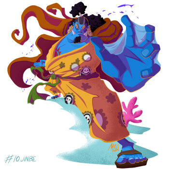 1boy absurdres black_hair blue_skin chest_tattoo closed_mouth colored_skin commentary english_commentary facial_hair full_body goatee half_updo highres inktober jinbe_(one_piece) male_focus msudrawings one_piece sandals sash scar scar_on_face solo tattoo tusks