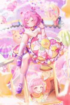 1boy 2girls :d ^_^ absurdres against_glass aged_down ahoge aircraft armpit_crease atashi-tachi_no_happy_end_(project_sekai) bag balloon bare_arms bare_shoulders beard blush bright_pupils brown_coat brown_hat candy_hair_ornament child closed_eyes closed_mouth coat commentary_request crossed_arms double_bun dress dual_persona facial_hair food-themed_hair_ornament full_body grandfather_and_granddaughter green_sweater hair_behind_ear hair_bun hair_flaps hair_ornament half-closed_eyes hands_up hat highres hot_air_balloon hugging_own_leg knee_up kneehighs light_particles long_sleeves lushuao mary_janes medium_dress multiple_girls off-shoulder_dress off_shoulder official_alternate_costume official_alternate_hairstyle old old_man ootori_emu ootori_rakunosuke open_clothes open_coat open_mouth petticoat pink_eyes pink_hair pink_sky project_sekai puffy_long_sleeves puffy_sleeves purple_shoes railroad_tracks red_bag red_scarf scarf shoes short_hair short_sleeves shoulder_bag sitting sky smile smile_of_dreamer_(project_sekai) socks sparkle sparkling_eyes star-shaped_pupils star_(symbol) star_balloon sweater swept_bangs symbol-shaped_pupils thick_eyebrows train two-tone_sweater upper_body very_short_hair white_beard white_dress white_hair white_socks yellow_bag yellow_sweater