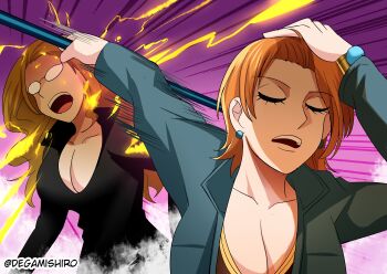 2girls artist_name blonde_hair breasts cleavage clima-tact closed_eyes collarbone degamishiro hand_on_own_head holding holding_staff jacket kalifa_(one_piece) large_breasts lightning log_pose long_hair meme multiple_girls nami_(one_piece) nami_(one_piece)_(enies_lobby) naoya_hitting_choso_without_looking_(meme) one_piece open_clothes open_jacket open_mouth orange_hair short_hair staff twitter_username