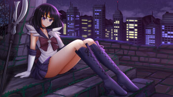 1girl ass bishoujo_senshi_sailor_moon black_hair blush boots bow brick_wall brown_bow building circlet closed_mouth commentary commission elbow_gloves english_commentary gloves high_heel_boots high_heels highres kazenokaze knees_up lace-up_boots mountain night outdoors pleated_skirt purple_boots purple_eyes purple_hair purple_sailor_collar purple_skirt sailor_collar sailor_saturn shirt sitting skirt sky smile solo star_(sky) starry_sky tomoe_hotaru white_gloves white_shirt