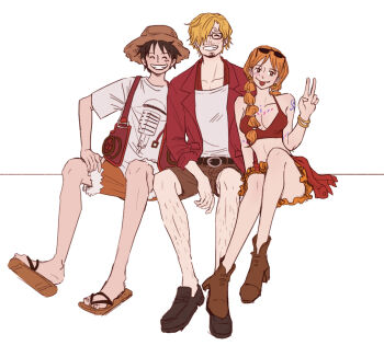 1girl 2boys black_hair blonde_hair bad_tag glasses happy hat monkey_d._luffy multiple_boys nami_(one_piece) one_piece orange_hair round_eyewear sanji_(one_piece) smile sooiie3 v
