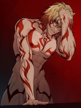 1boy abs arm_tattoo blonde_hair braid chest_tattoo commentary completely_nude facial_tattoo flaccid gradient_hair hand_on_own_head highres honkai:_star_rail honkai_(series) leg_tattoo male_focus medium_hair multicolored_hair muscular muscular_male mydei_(honkai:_star_rail) nipples nude pectorals penis red_hair red_tattoo ruuhlid side_braid solo standing tattoo veins veiny_arms yellow_eyes
