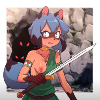 1girl absurdres animal_ears brand_new_animal breasts cave furry furry_female goblin green_eyes highres kagemori_michiru multicolored_eyes multicolored_hair nipples nude one_breast_out pink_eyes raccoon_ears raccoon_girl raccoon_tail red_eyes short_hair sword tail tanquito_kun tanuki weapon