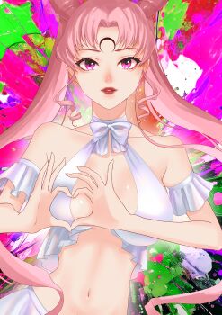 absurdres alternate_costume bikini bishoujo_senshi_sailor_moon bishoujo_senshi_sailor_moon_r black_lady_(sailor_moon) breasts chibi_usa cone_hair_bun crescent crescent_facial_mark double_bun earrings facial_mark forehead_mark frilled_bikini frills hair_bun heart heart_hands highres jewelry long_hair looking_at_viewer medium_breasts midriff navel pink_hair red_eyes red_lips swimsuit twintails very_long_hair vuipui white_bikini