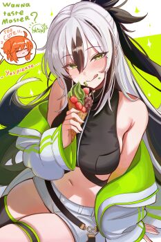 Rule 34 | 0nineo9, 2girls, absurdres, bare shoulders, belt, black hair, black sports bra, black thighhighs, breasts, commentary, english commentary, fate/grand order, fate (series), food, fujimaru ritsuka (female), green eyes, green jacket, hair between eyes, highres, ice cream, ice cream cone, jacket, licking lips, long hair, long sleeves, looking at viewer, medium breasts, midriff, multicolored hair, multicolored jacket, multiple girls, nagao kagetora (fate), navel, off shoulder, open clothes, open jacket, orange hair, short hair, short shorts, shorts, sidelocks, single thighhigh, solo focus, sports bra, thigh strap, thighhighs, thighs, tongue, tongue out, two-tone hair, two-tone jacket, uesugi kenshin (second ascension) (fate), very long hair, white hair, white jacket, white shorts
