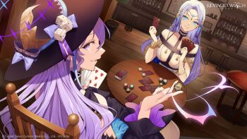 2girls absurdres black_hat blue_eyes blue_hair bottle bracelet card chair character_request circlet copyright_name copyright_notice dice hat highres holding holding_card indoors jewelry long_hair looking_back multiple_girls official_art parted_lips poker_chip purple_eyes purple_hair revived_witch second-party_source smile sogawa table upper_body wooden_floor wooden_table yostar