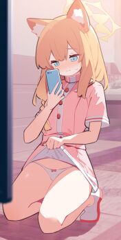 Rule 34 | 1girl, absurdres, alternate costume, animal ears, blue archive, blue eyes, blurry, blush, bow, bow panties, braid, bush, cat ears, cellphone, center-flap bangs, clothes lift, commentary request, cosplay, depth of field, dot nose, dress, full-face blush, full body, furrowed brow, hair between eyes, hair over shoulder, halo, highres, holding, holding phone, house, kneeling, lifting own clothes, light blush, long hair, looking at phone, mari (blue archive), nurse, on floor, orange hair, orange halo, outdoors, panties, pekeko (pepekekeko), petite, phone, pink bow, pink dress, road, selfie, serina (blue archive), serina (blue archive) (cosplay), serina (nurse) (blue archive), shoes, sidelocks, single braid, skirt, skirt lift, smartphone, solo, sunlight, sweatdrop, turtleneck, turtleneck dress, underwear, white panties, white shoes