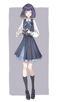 Rule 34 | 1girl, ;d, absurdres, black overskirt, black shoes, black socks, black vest, blue ribbon, blue skirt, bob cut, commentary, flower, four-finger heart hands, full body, gakuen idolmaster, hair flower, hair ornament, hataya misuzu, hatsuboshi gakuen school uniform, heart, heart hands, highres, idolmaster, kneehighs, loafers, long sleeves, looking at viewer, mole, mole under mouth, neck ribbon, one eye closed, open mouth, paladidao123, pleated skirt, purple hair, ribbon, school uniform, shirt, shoes, short hair, simple background, skirt, smile, socks, solo, vest, white shirt