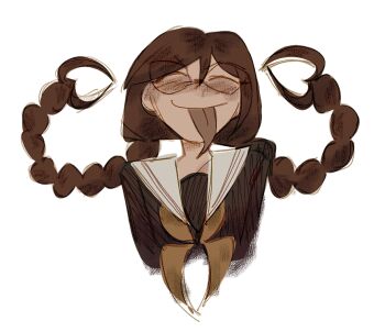 Rule 34 | 1girl, black shirt, blush, braid, brown hair, closed eyes, collared shirt, commentary, cropped torso, danganronpa: trigger happy havoc, danganronpa (series), expressive hair, floating hair, fukawa toko, genocider shou, glasses, hair between eyes, hamletunfortunately, happy, long hair, long tongue, neckerchief, shirt, simple background, smile, solo, tongue, tongue out, twin braids, twintails, white background
